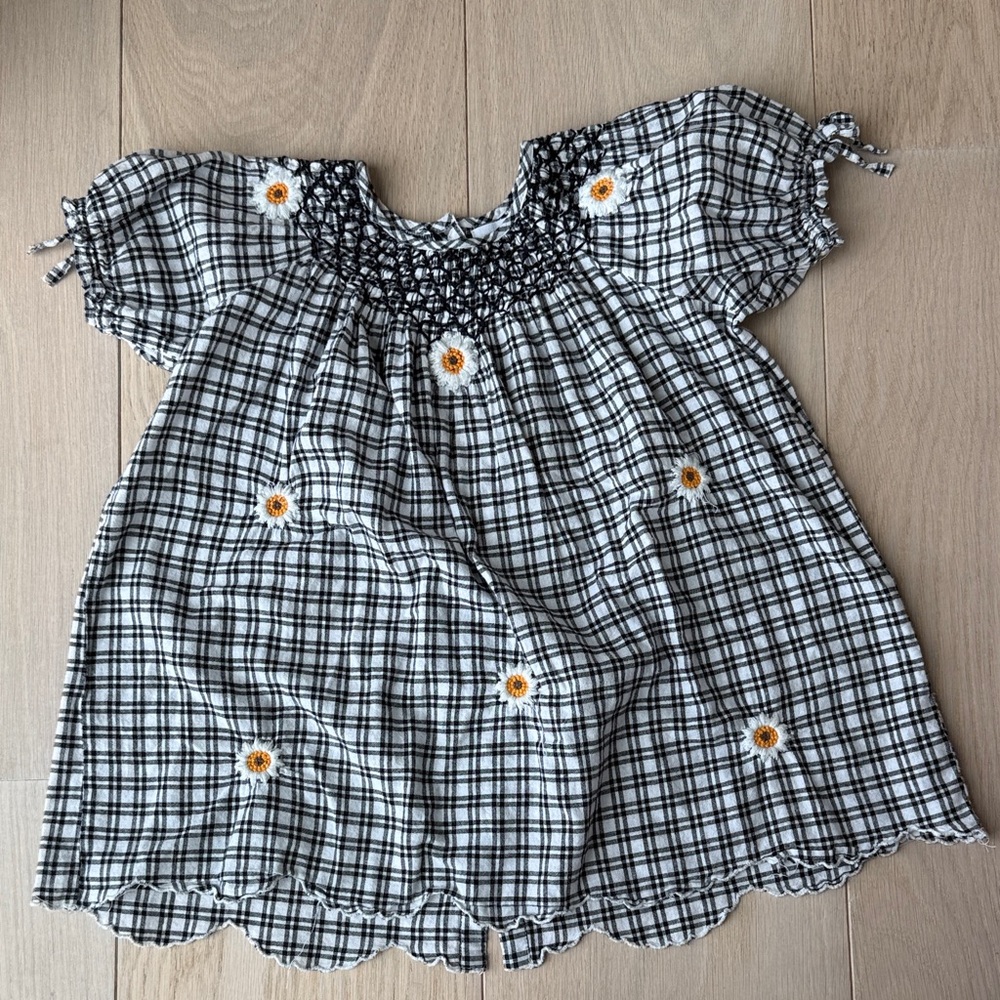 Zara Black & White Plaid Dress with Daisy Embroidery